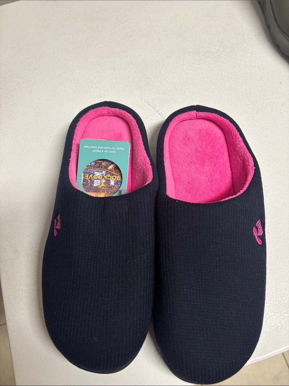 NWT Rock Dove Black Slip-On Indoor Shoes with Hot Pink Terry Lining